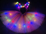 Rainbow pink sparkle 4 layers light up tutu with pink light up bunny ears