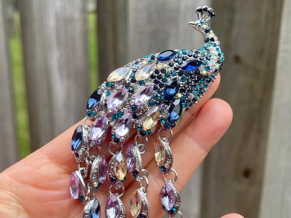 Large Peacock Brooch Peacock Pin gift for her Blue purple Peacock Brooch Moveable Tassel Tail peacock Brooch Peacock Jewelry Peacock Pendant