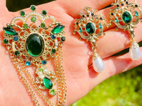 Large Rhinestone Green Brooch Earrings Vintage Style Brooch Earrings Baroque Style Pin Baroque Style Brooch Holiday Gift